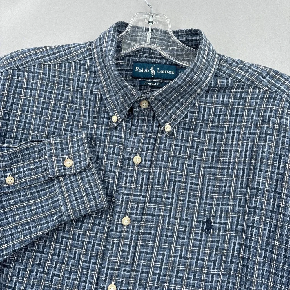 Ralph Lauren Shirt Mens XL Blue Plaid Button Down Long Sleeve 90s Vintage